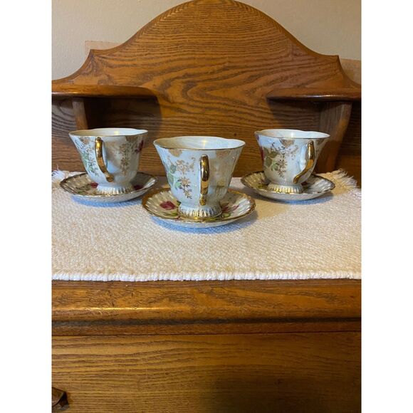 3 Manna Rose/Gold Lusterware Pedestal Cups with Reticulated Saucers - Picture 8 of 10